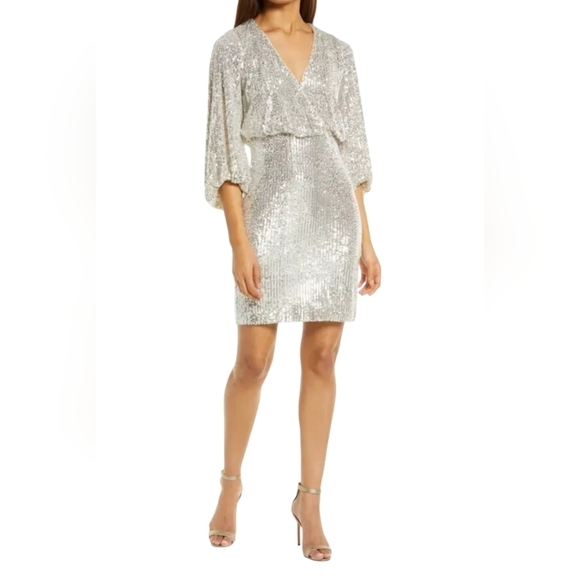 Eliza J. Sequin Evening Dress in Nude and silver with Puff Sleeves surplice even - Picture 2 of 16